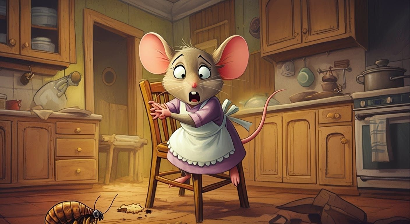 Frazzled Housewife Mouse Faces Tiny Menace in Kitchen Chaos