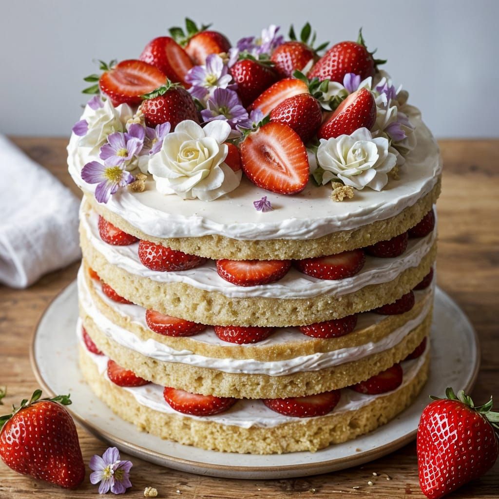 Elegant Honey Strawberry Layer Cake with Fresh Strawberries