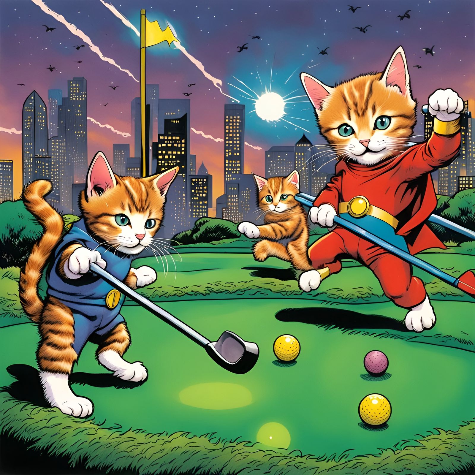 Kitten Superheroes Play Minigolf in 90s Comic Style