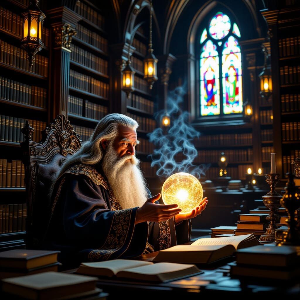 Wise Wizard in Library, Cinematic Film Style