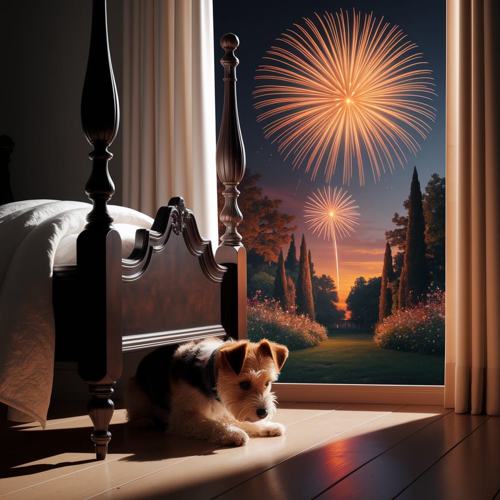 Golden Terrier Hides From Fireworks Under Bed