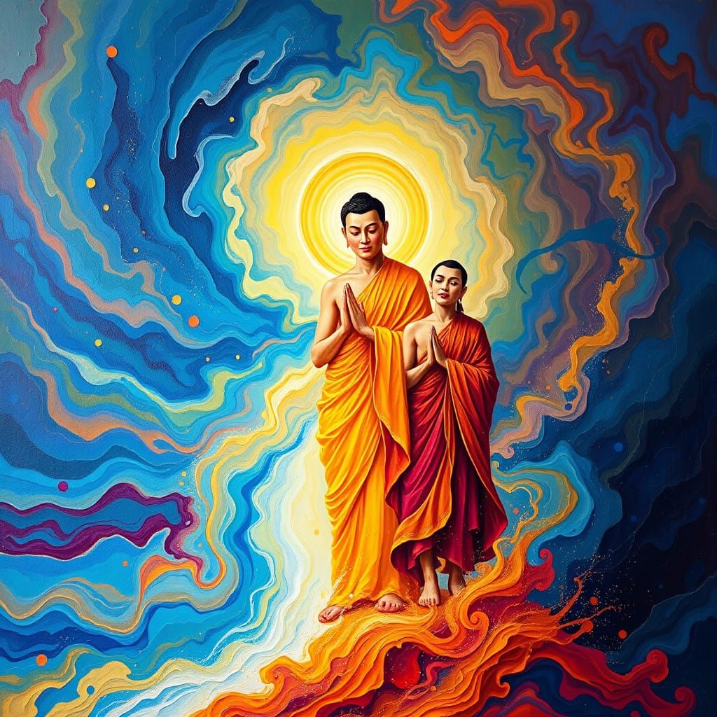 Vibrant Spiritual Encounter in a Dreamlike Landscape