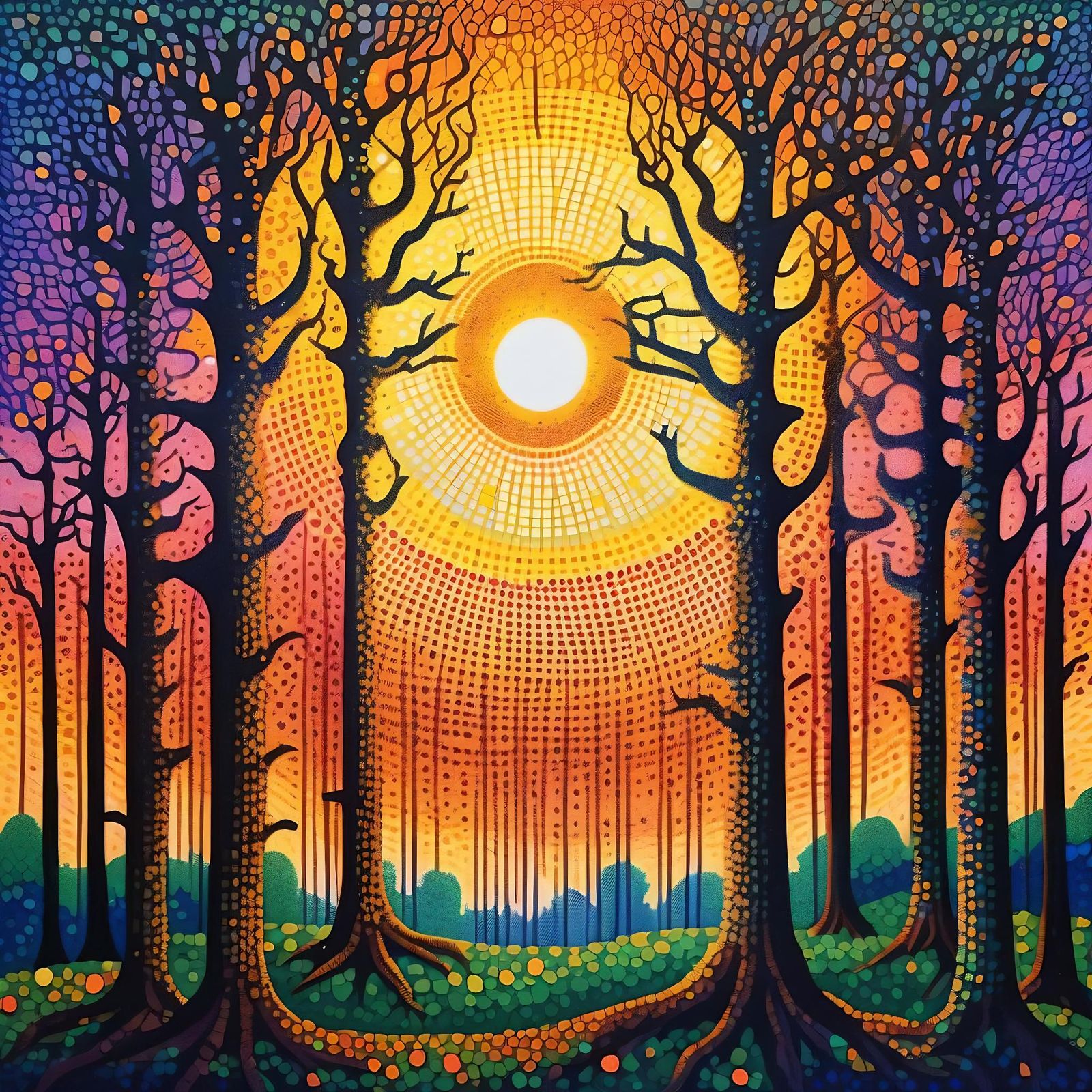 Flying Forest Sunset in Pointillist Style