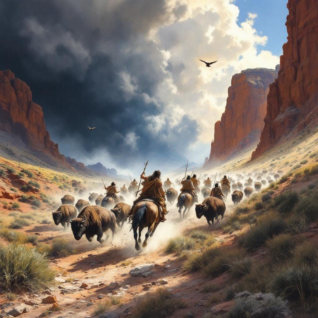 Bison Hunt in Gouache Style Under Stormy Skies