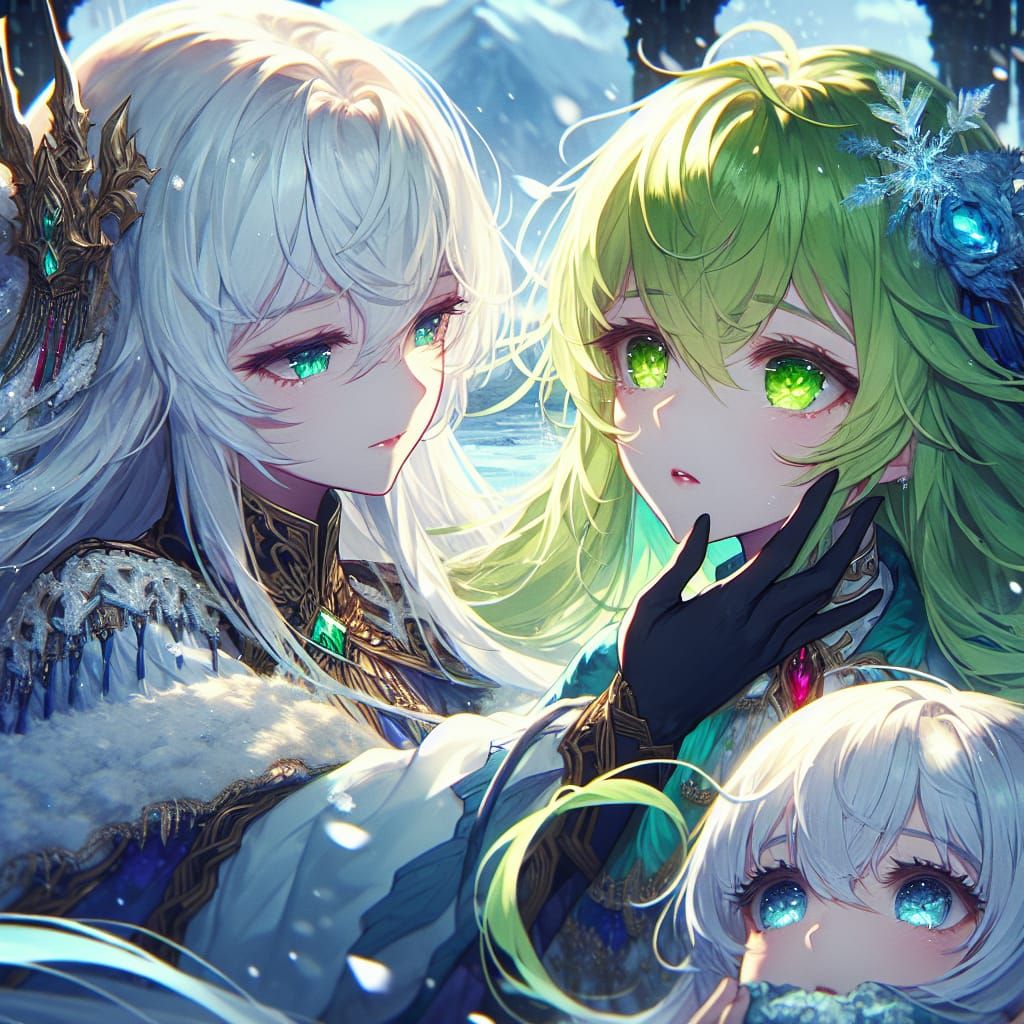 Anime Girls' Tender Moment in Fantasy Landscape