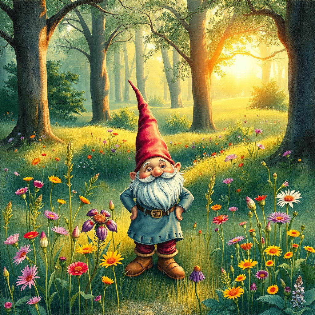 Garden Gnome in Meadow, Delicate Watercolor Style