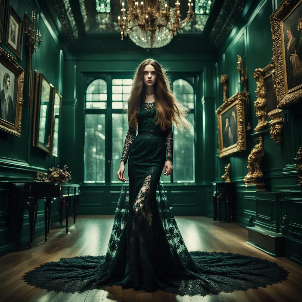 Pale Lady in Lace Dress Amidst Luxury Art