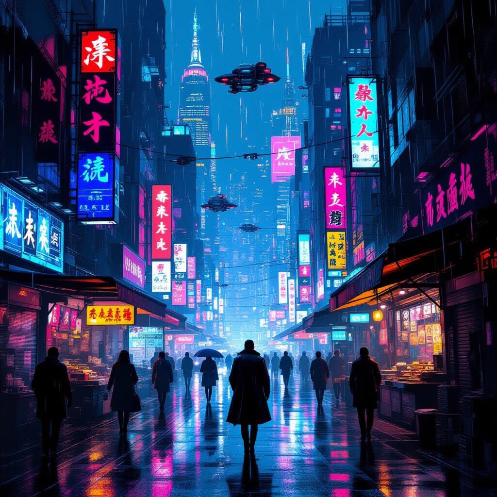 Cyberpunk Market Night: Neon Skyscrapers & Rain