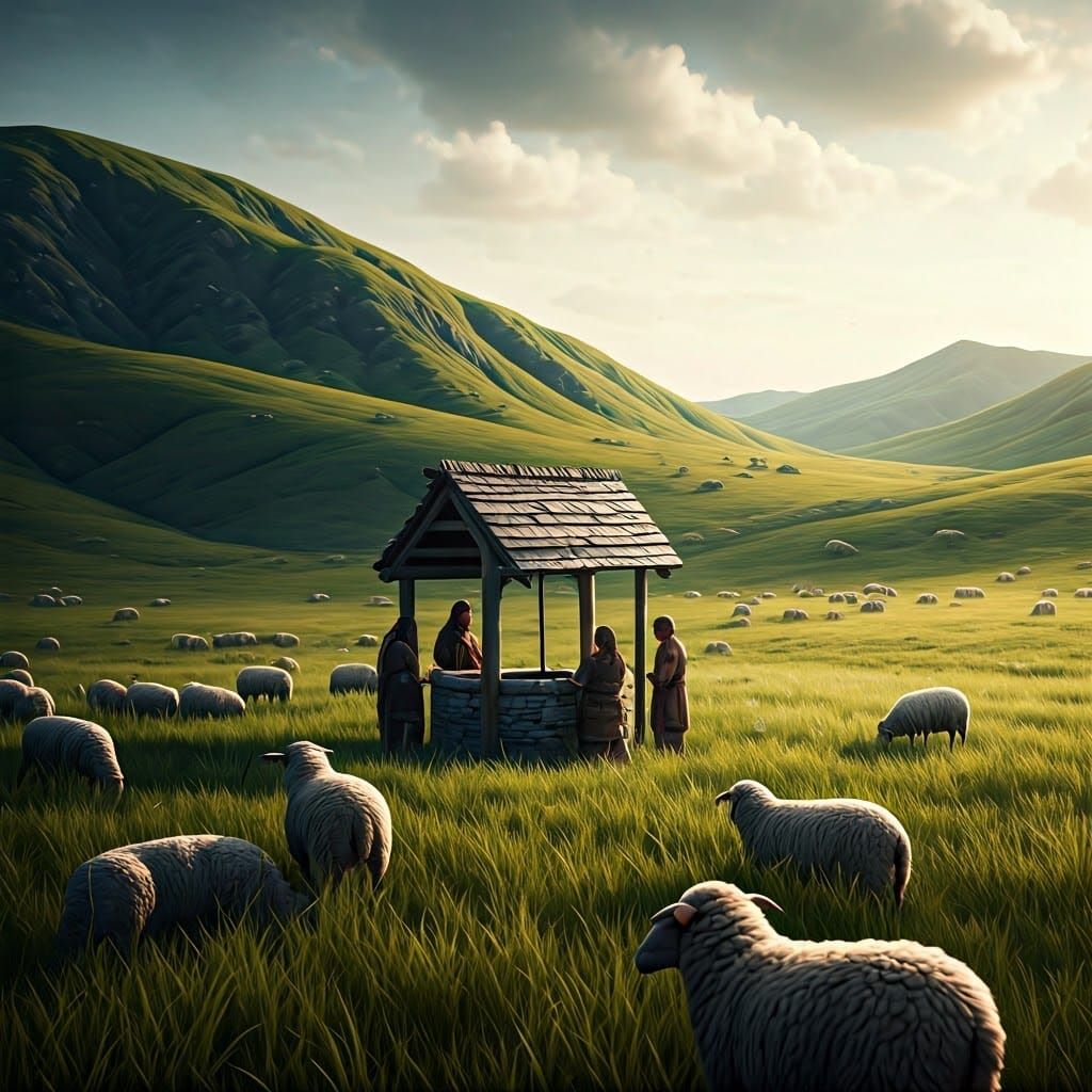 Shepherds Gather Around a Well in a Lush Field