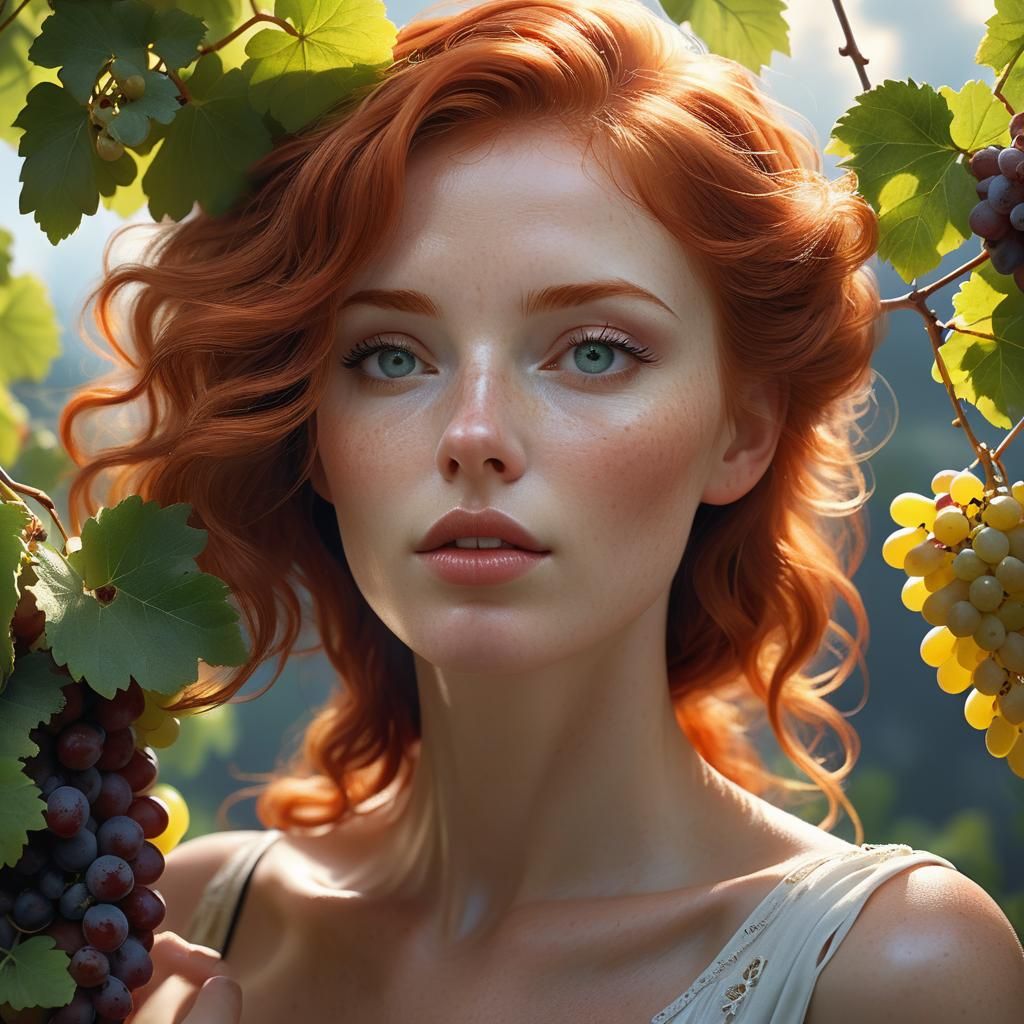 Red-Haired Woman with Grapes in Hyperrealistic 3D