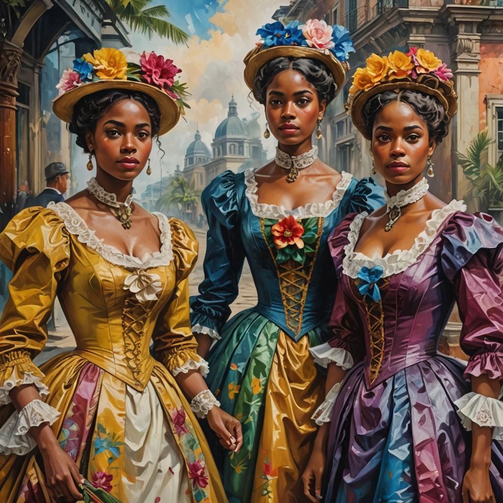 Caribbean Women in Victorian Dresses: Oil Painting