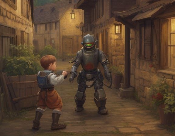 Robot and Villager Boys Play in Medieval Village