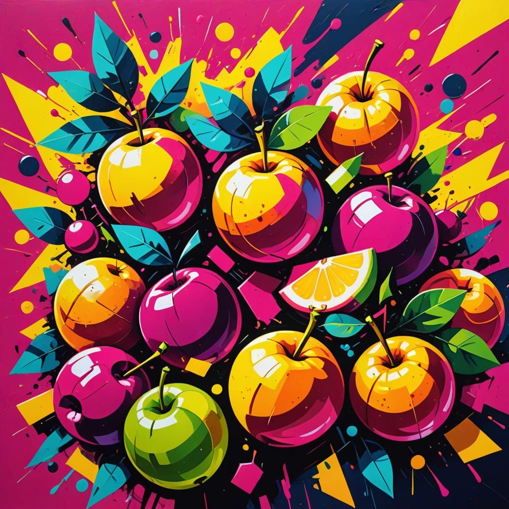Energetic Cubist Pop-Art Fruits Dancing on Stage