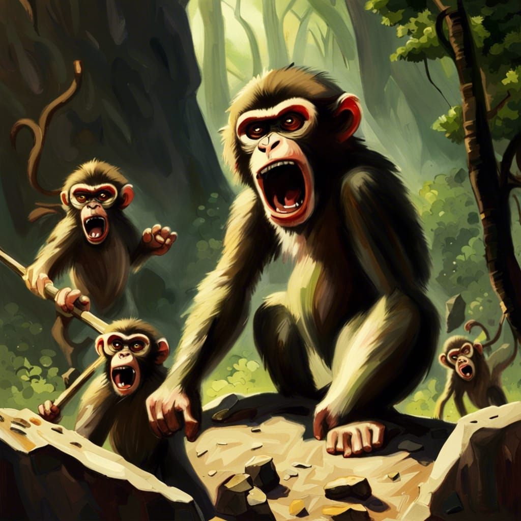 Furious Monkeys Clash in Forest, Graffiti Art Style