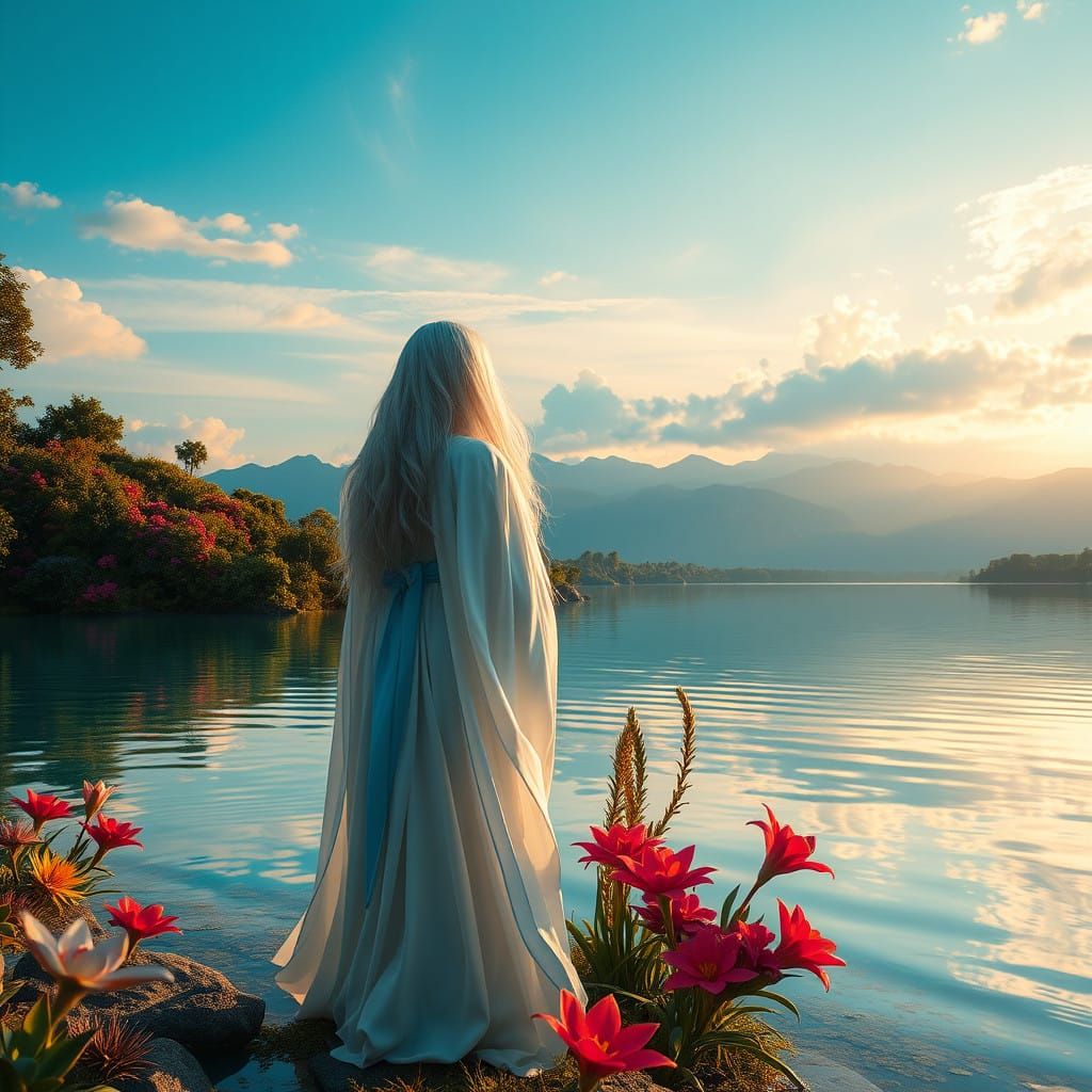 Serene Goddess Contemplates Her Reflection in a Lush, Mystic...