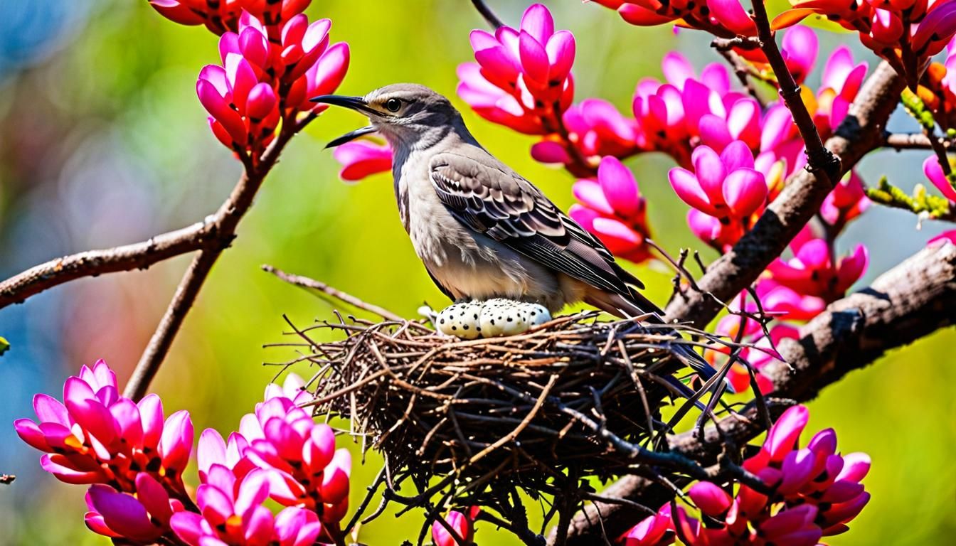 Mockingbird Defends Nest from Snake in Colorful Tree