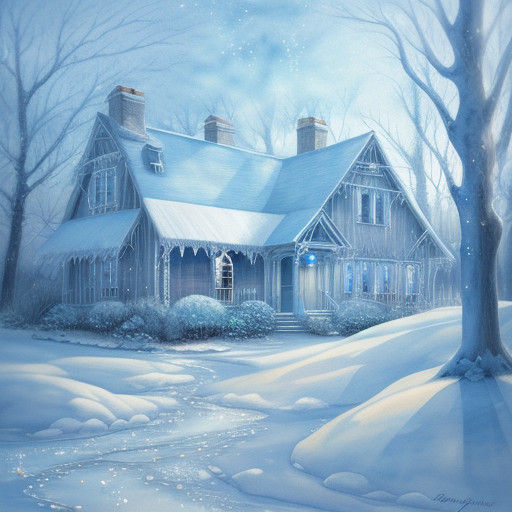 Whimsical Watercolor Winter Cottage Scene in Soft Focus
