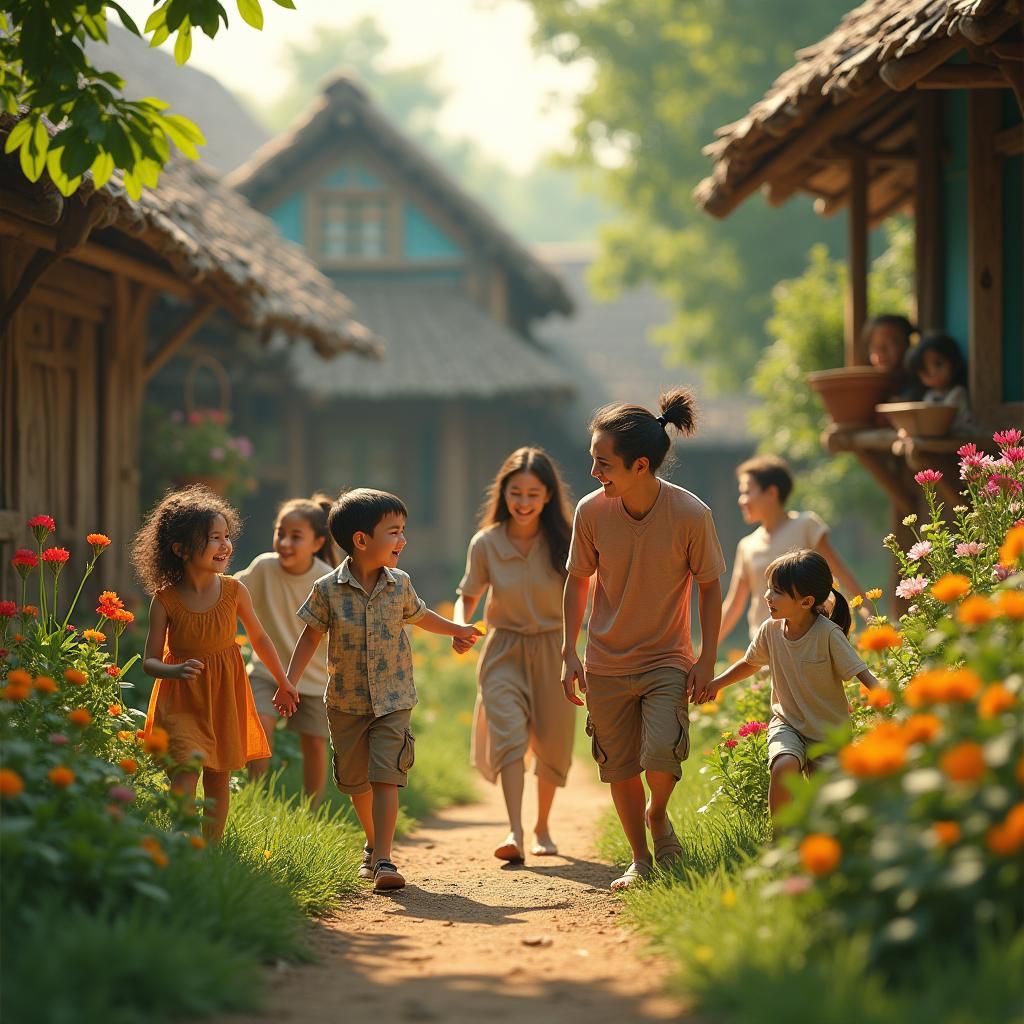 Joyful Families in Fantasy Village, Photorealistic Rendering
