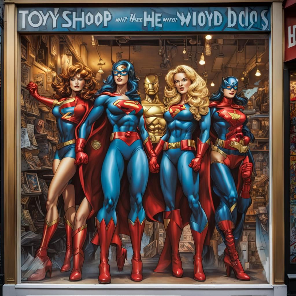 Superhero Toy Shop Window in Comic Book Style