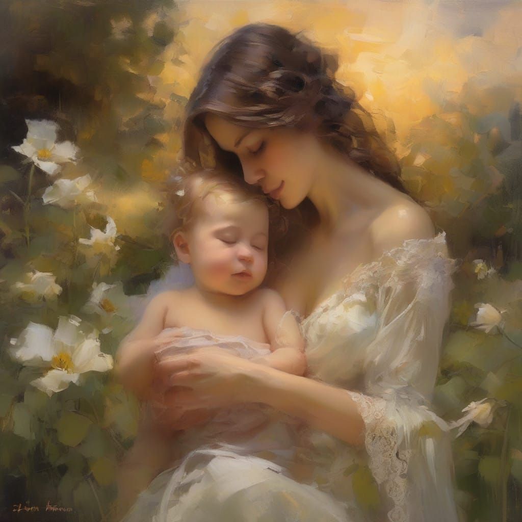 Serene Mother and Baby in Dreamy Sunset Landscape