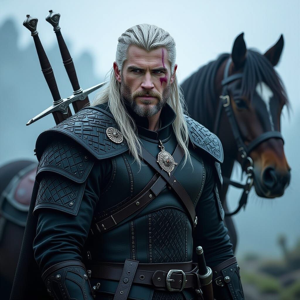 Geralt of Rivia: Witcher with Swords in Misty Landscape