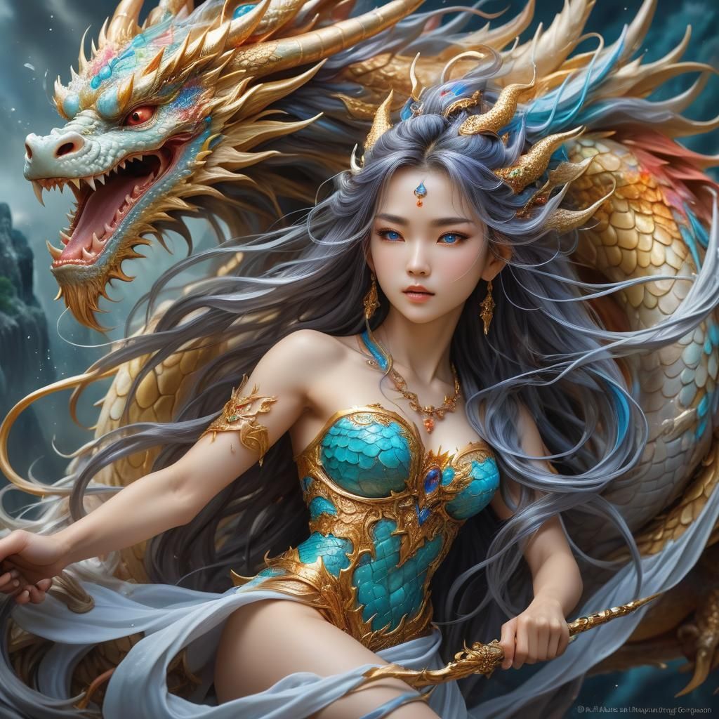 Dragon Protecting Goddess: Intricate Fantasy Art