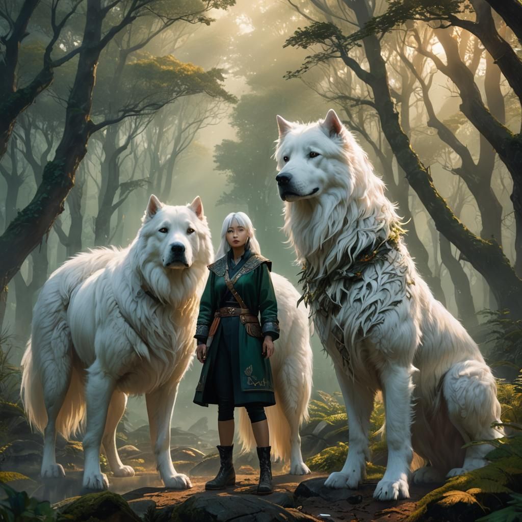 Korean Girl and White Dog in Ethereal Forest