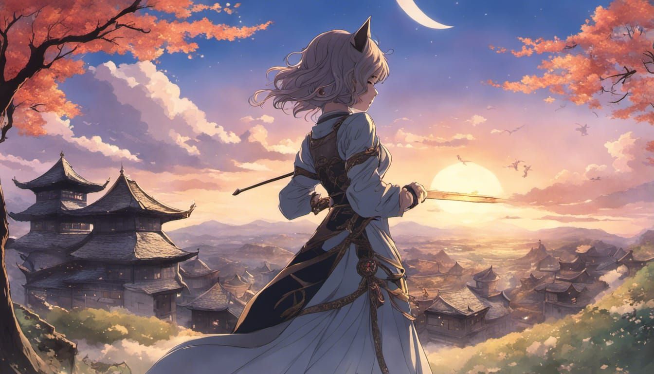 Ethereal Cat Girl Stands Amidst Medieval Fantasy Landscape