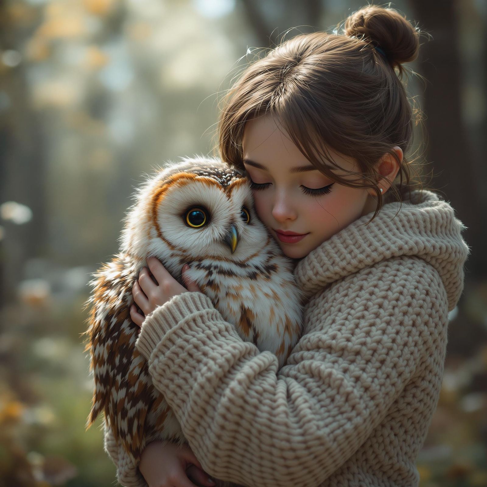 Girl Hugging a Fluffy Owl in Cozy Environment