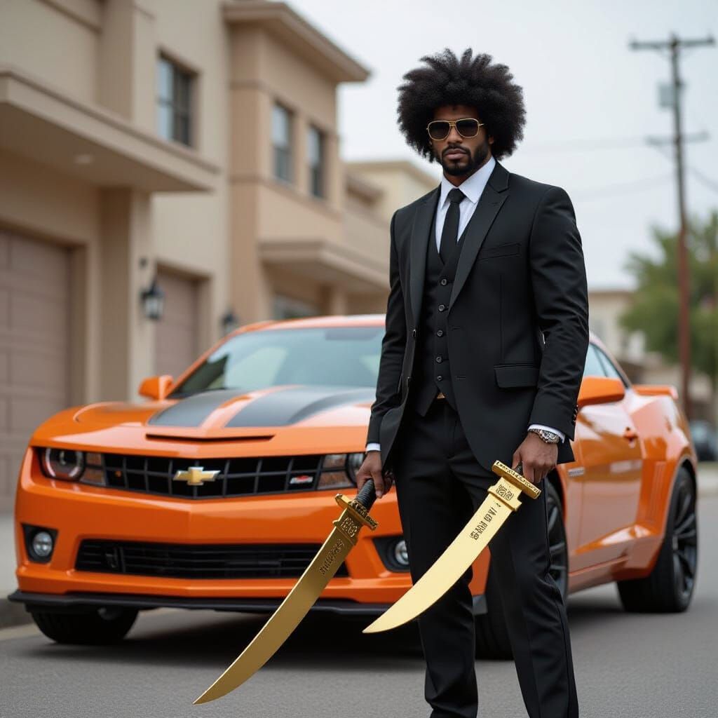 African Gangster Poses with Golden Machetes and Orange Camar...