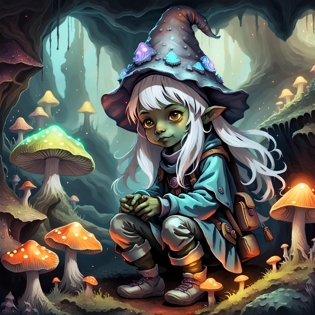 Deep Gnome in Bioluminescent Cave, Fantasy Illustration