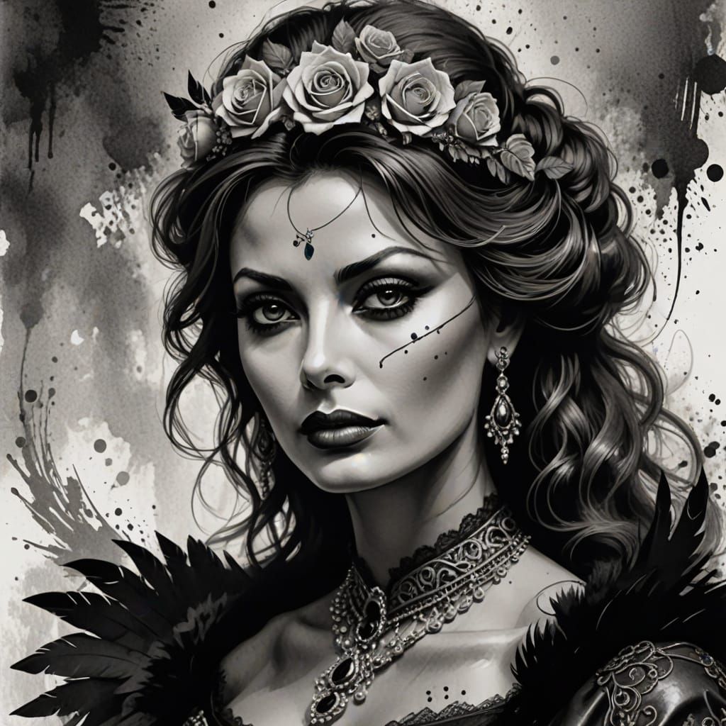 Gothic Princess Portrait in Ink and Black