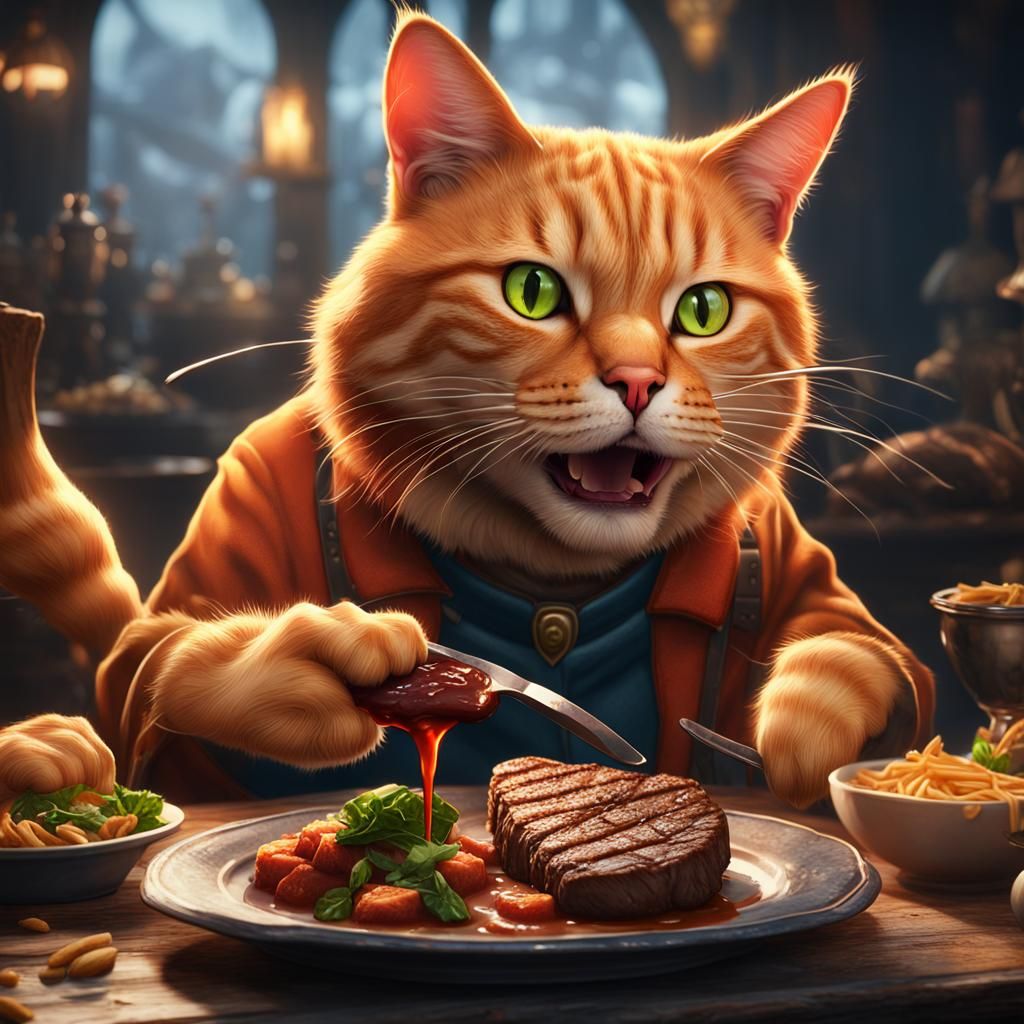 Orange Tabby Cat Thundershield Eating Steak