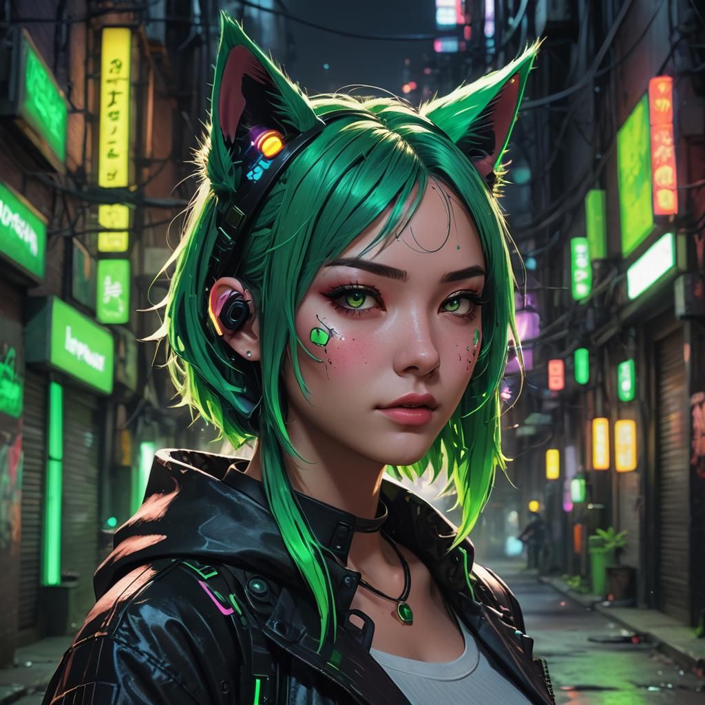 Neon Cyberpunk Girl with Cat Ears in Alleyway