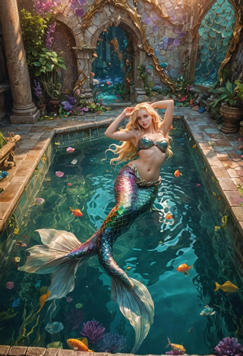 Blonde Mermaid in Fantasy Palace Pool