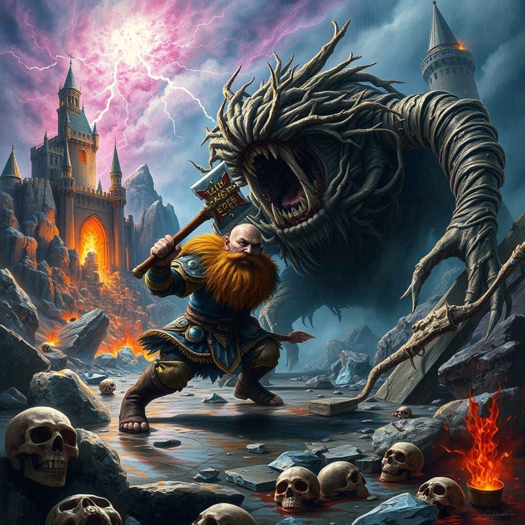 Epic Dwarf Battle Against Twisted Wood Beast in Stormy Skies