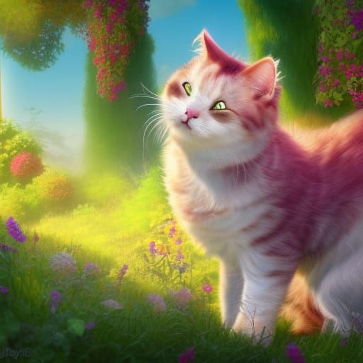 White Persian Cat Sleeping in Colorful Garden