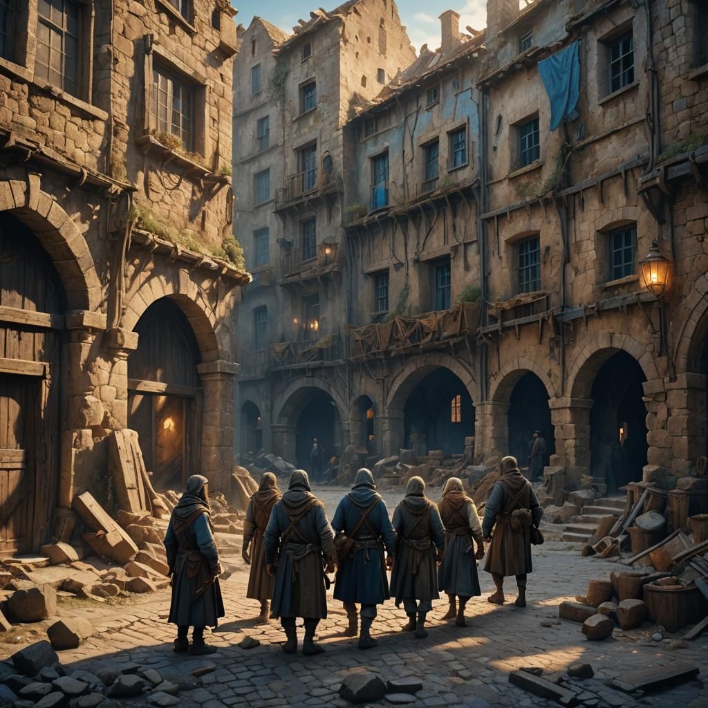 Decaying Medieval Cityscape with Peasants, Matte Painting St...