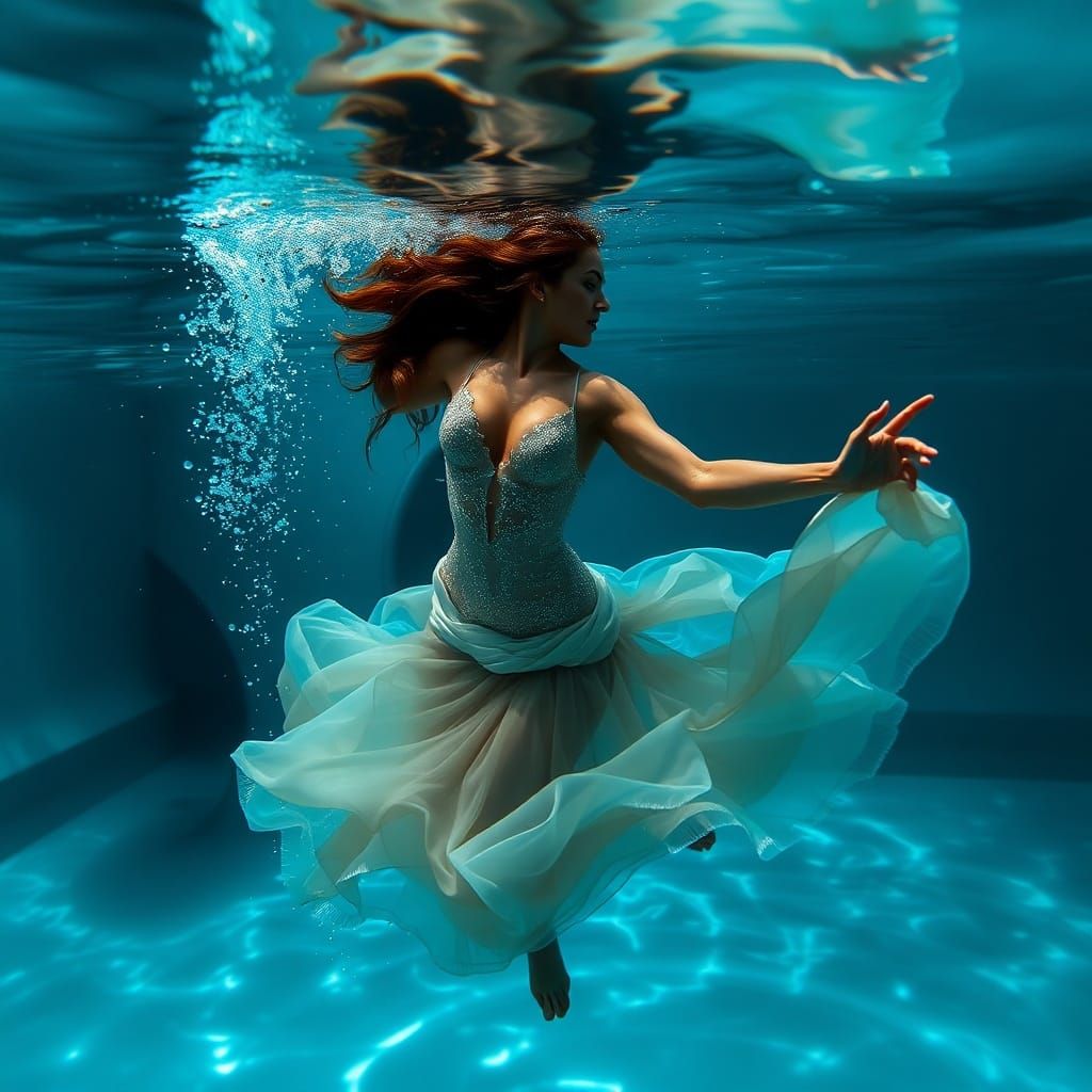 Opulent Underwater Ballroom with Reflected Bather