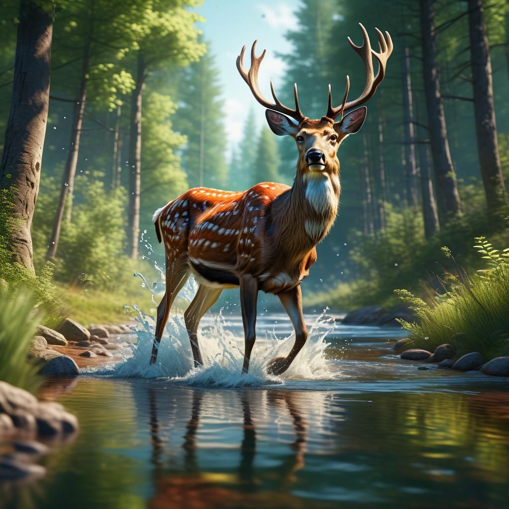 Deer Drinking in Summer Forest: Hyperrealistic Splash Art