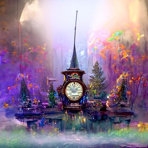 Ethereal Clock Tower in Misty Forest
