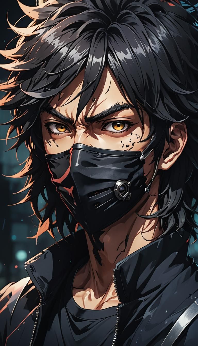Anime Boy with Attitude, Long Hair, and Black Mask