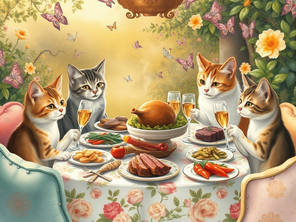 Feline Family Dines in Whimsical Garden Paradise