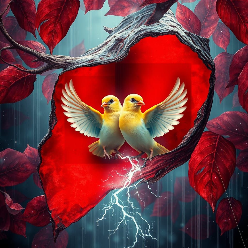 Birds Seeking Shelter in a Red Pear Under a Stormy Tree