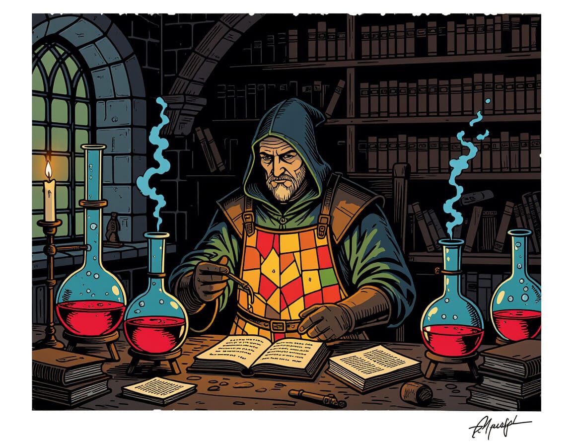 Medieval Alchemist in Cluttered Lab, Serigraphy Style