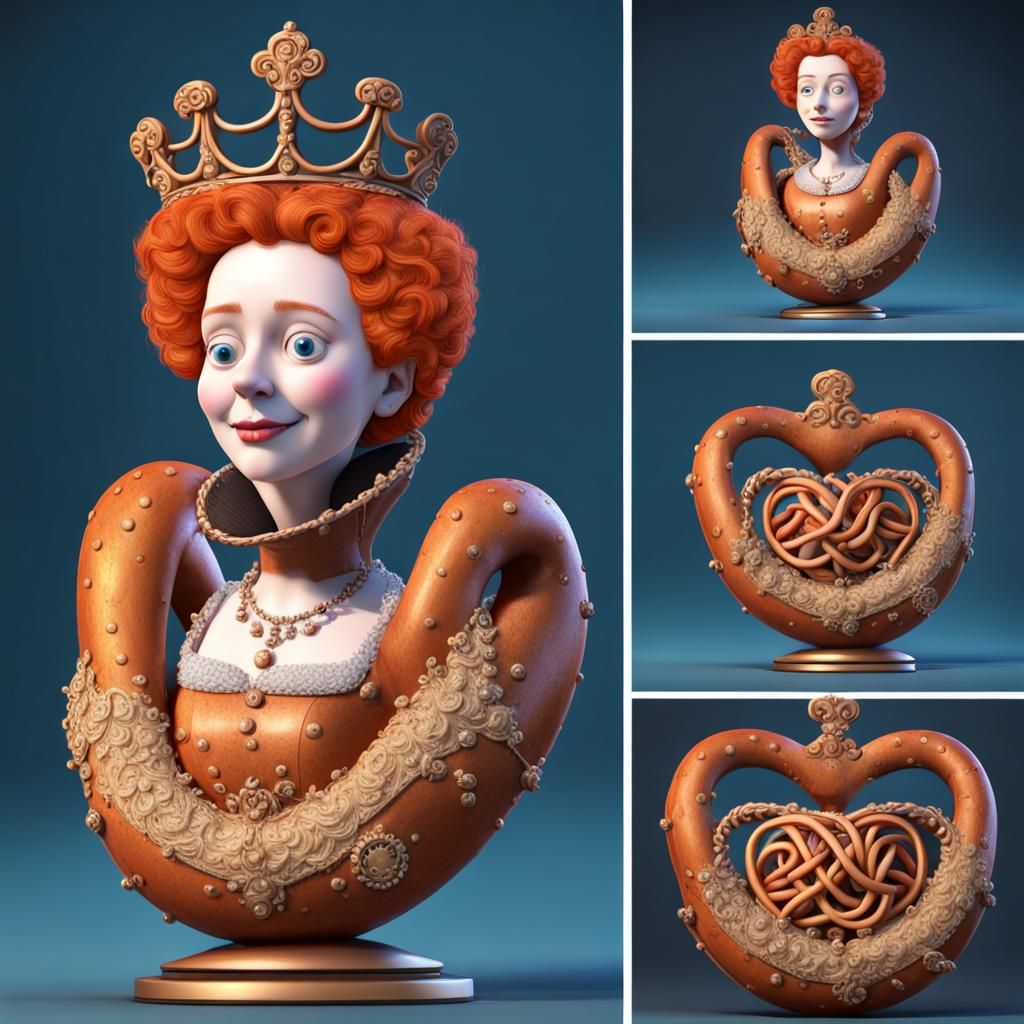 Elizabeth I as Pretzel: Pixar-Style 3D Digital Art