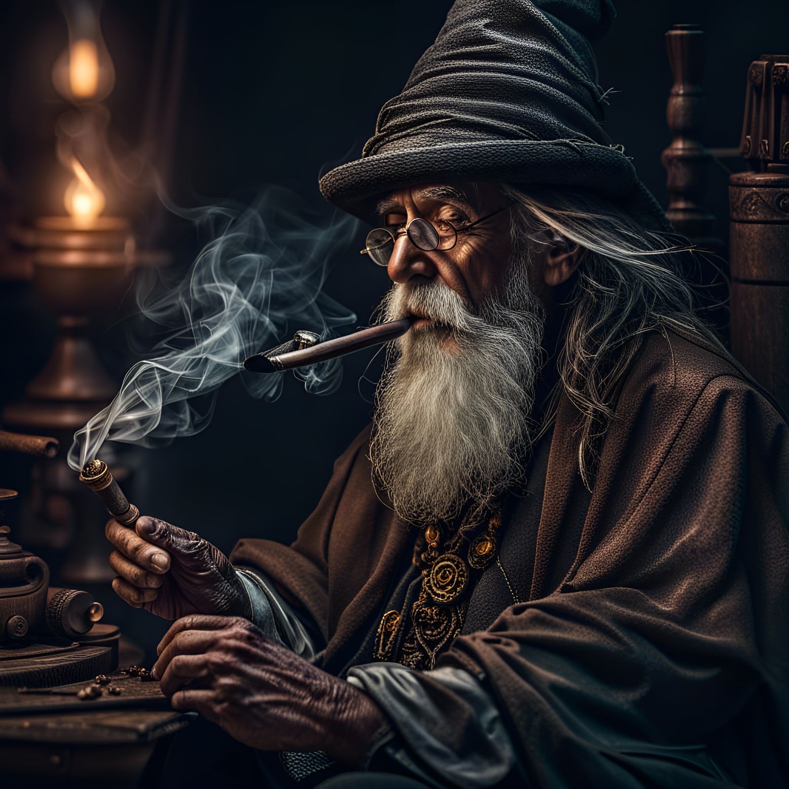 Wizard Smoking Pipe in Hyperrealistic Detail