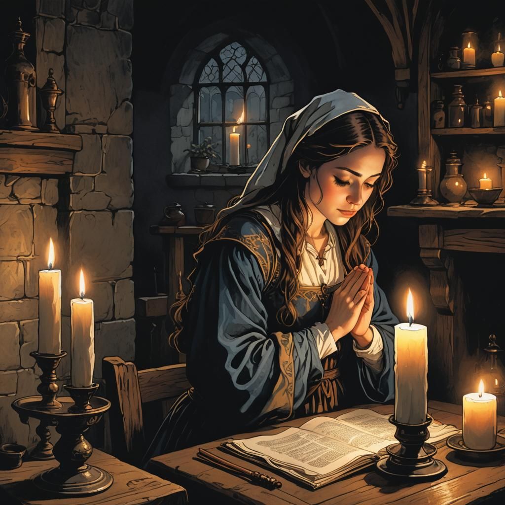 Medieval Woman's Candlelit Prayer: Romantic Illustration