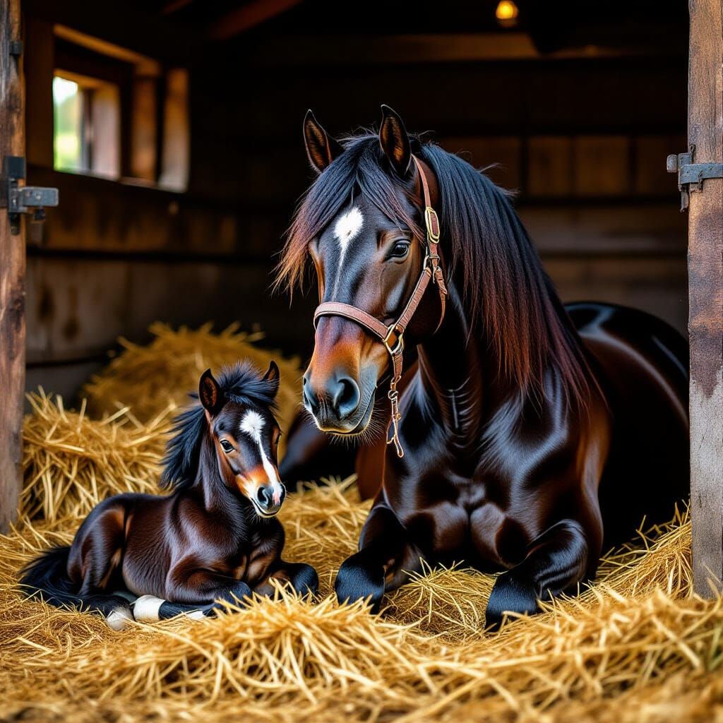 Majestic Black Arabian Horse with Foal in Hay-Filled Stall