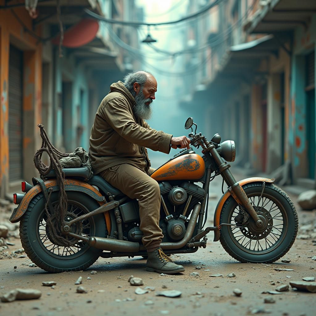 Worn Motorbike with Man in Urban Landscape